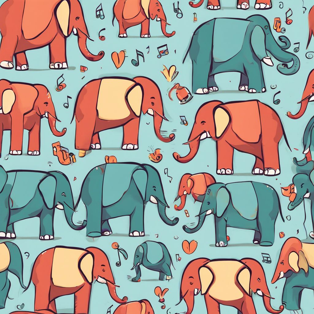 Colorful illustrated elephants among musical notes